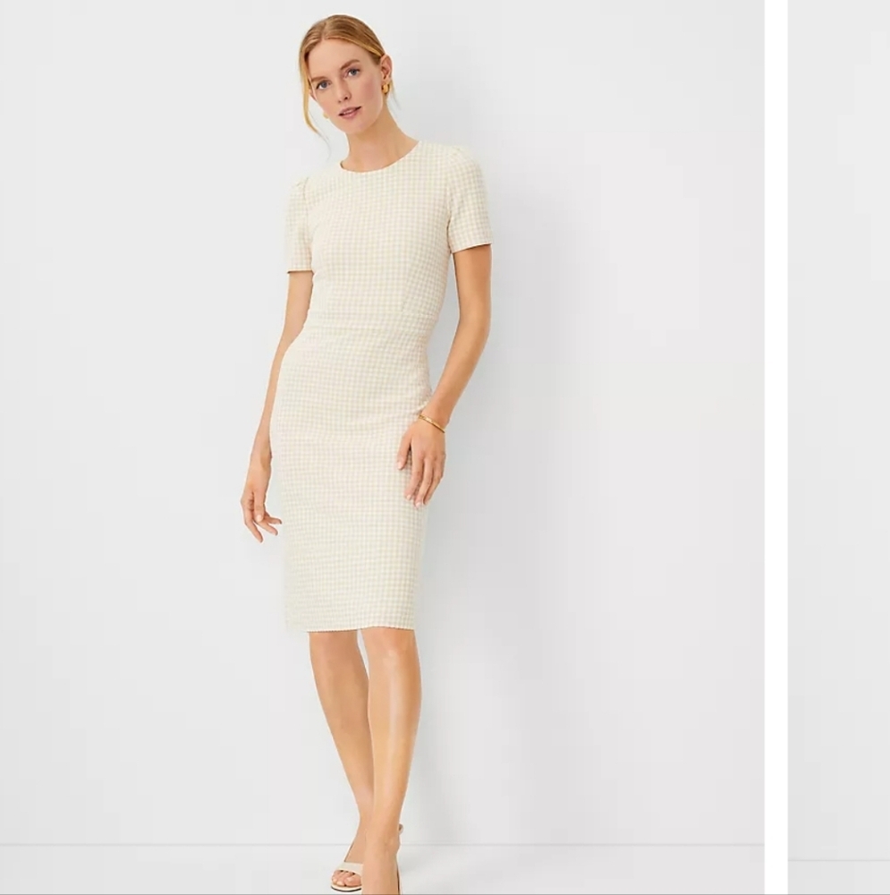 Ann Taylor AT Gingham Puff Sleeve Dress Tan Beige Cream cap midi business 12